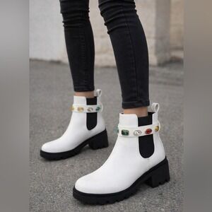 Women's Chelsea Studded Strap Chunky Ankle Boots White Size 10 New